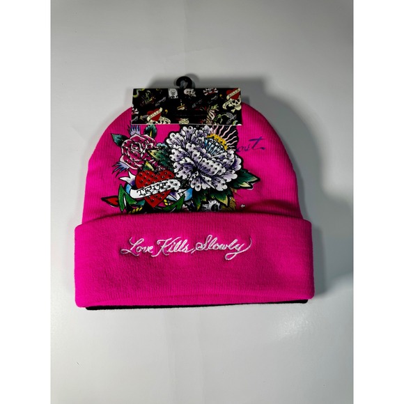 Ed Hardy 2-pack Beanie Hat Pink Black Love Kills Slowly Tiger Tattoo - Picture 1 of 4